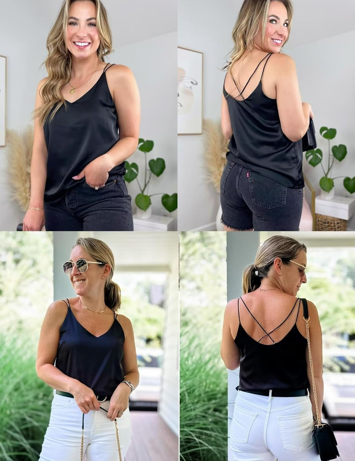 Womens Silk Satin Camisole Tank Tops V Neck Spaghetti Strap Blouses Cross Back Sleeveless Cami Shirt