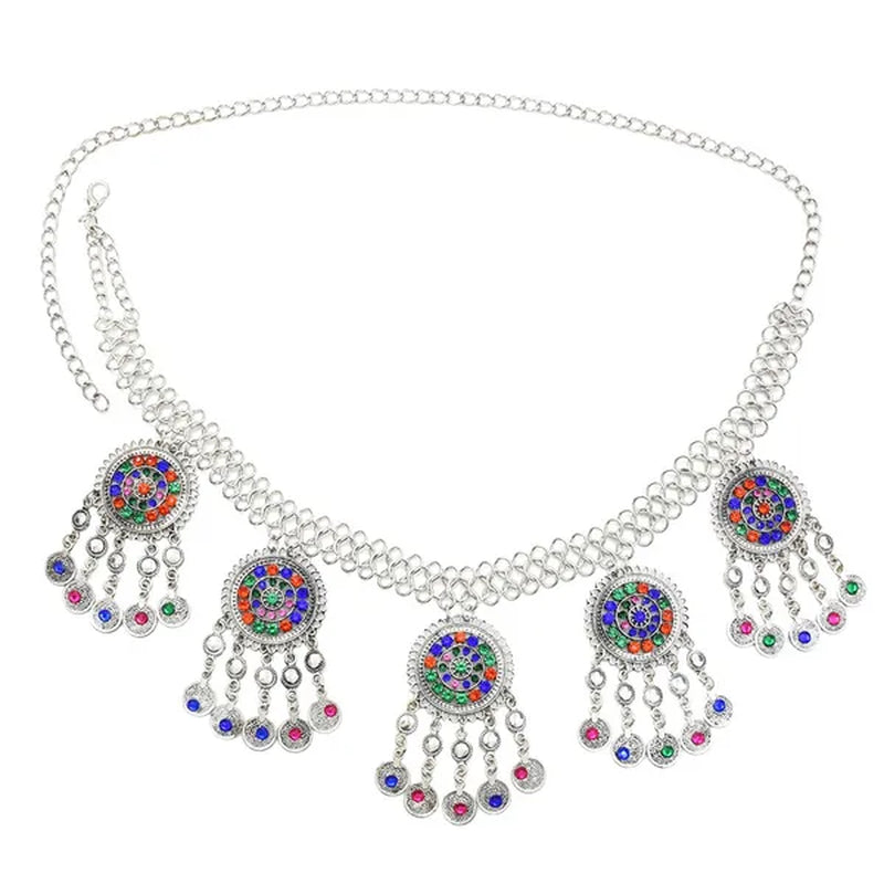 Bohemian Coin Tassel Color Rhinestones Hollow Out Waist Belly Body Chain for Woman