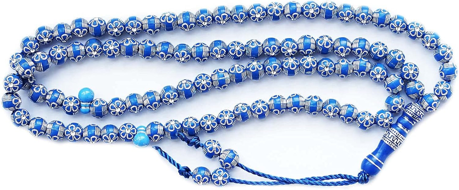 Blue 8Mm Acrylic Islamic Prayer Beads Necklace for Muslims (Unisex, 99 Beads, Silver, 24.5')
