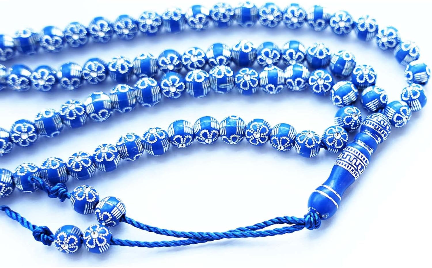 Blue 8Mm Acrylic Islamic Prayer Beads Necklace for Muslims (Unisex, 99 Beads, Silver, 24.5')