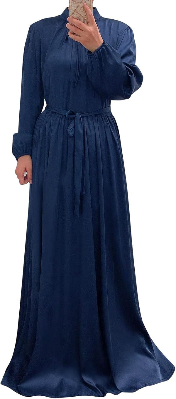 Women'S Muslim Kaftan Abaya Prayer Dress Long Sleeve Self Tie Maxi Dress Middle East Arabian Robe Gown