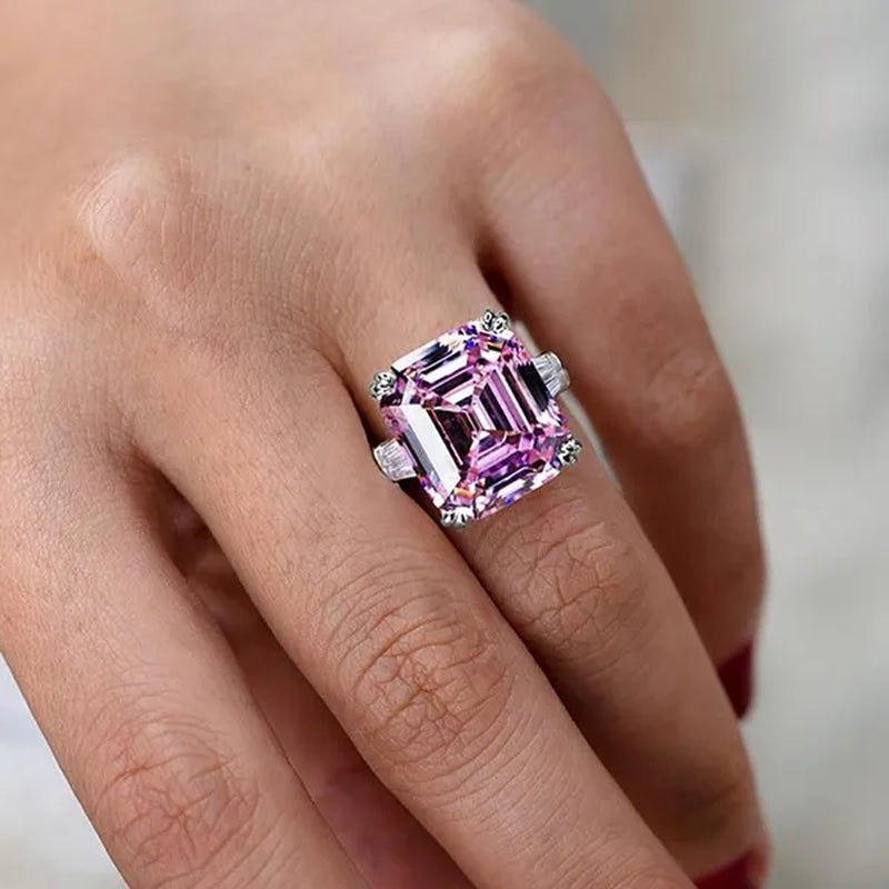 Luxury Silver Plated Created Pink White Sapphire Square Cut Diamond Wedding Engagement Cocktail Women Moissanite Rings Fine Jewelry