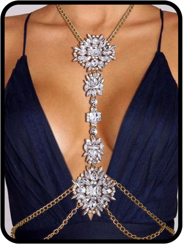 Boho Rhinestone Statement Chest Chain Crystal Necklace Body Chain Summer Beach Body Jewelry Accessories for Women