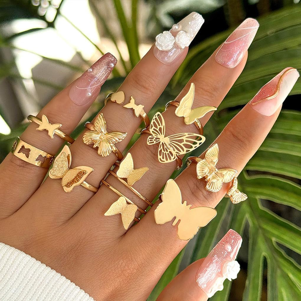 Gold Rings for Women Boho Chunky Cubic Zirconia Butterfly Pearl Heart Knuckle Rings Geometric Dome Star Leaf Statement Rings Trendy Jewelry Gifts
