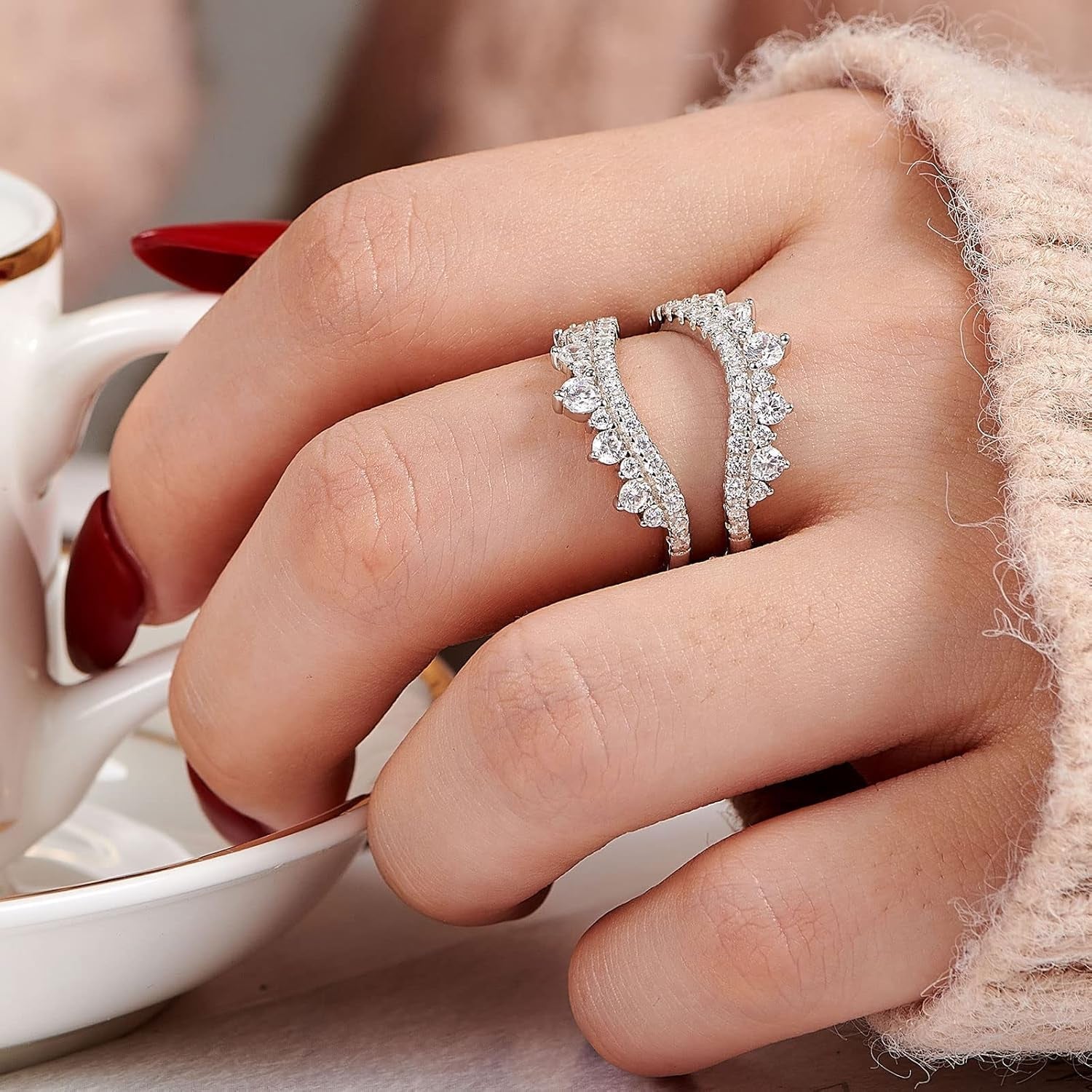 Curved Wedding Ring for Women Ring Enhancers Guard for Engagement Rings 925 Sterling Silver CZ
