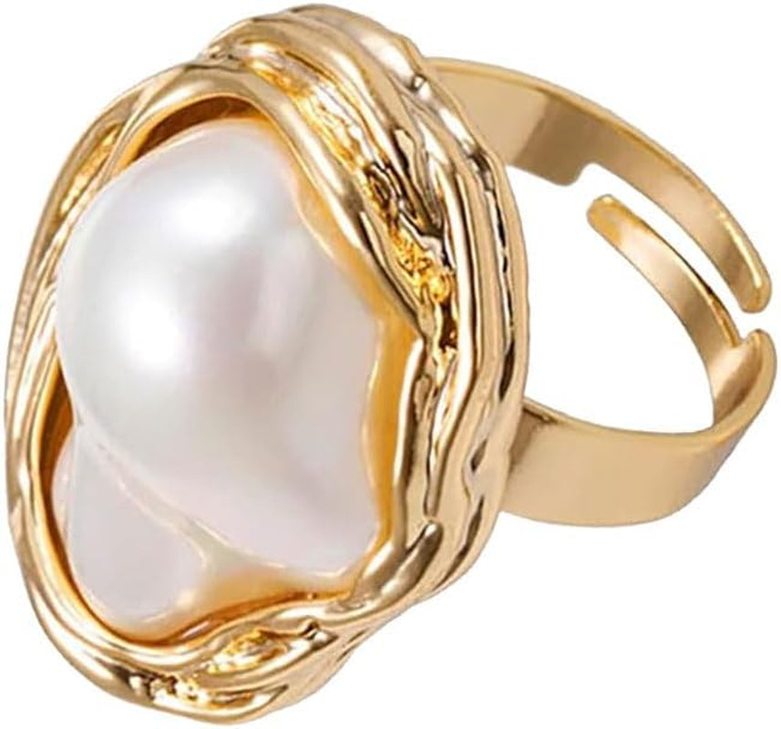 Pearl Ring for Women Geometrical Irregular Pearl Ring Womens Open Adjustable Index Finger Rings