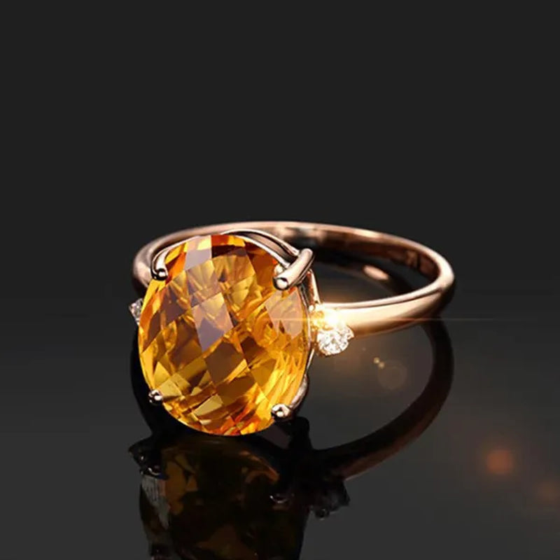 Simple 18k Golden Plated Copper Oval Citrine Jewelry Set Pendant Necklace Four Prong Adjustable Open Ring Micro Inlaid Cubic Zirconia Stud Earrings Flower Zircon Bracelet for Women Gifts Accessories