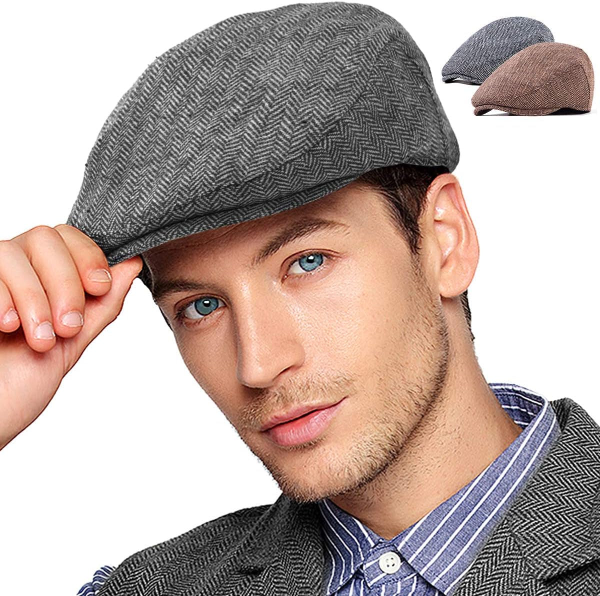 2Pack Adjustable Newsboy Hats for Men Flat Cap Irish Cabbie Wool Blend Tweed