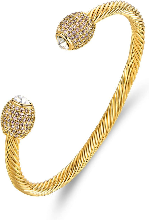 18K Gold Plated Crystal Cable Bangle Bracelet for Women - Cuff Bangle Bracelet
