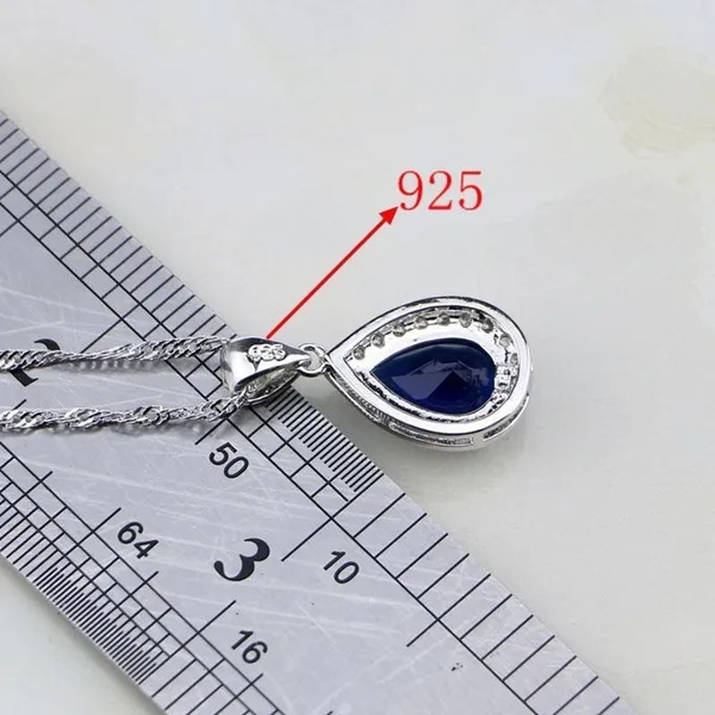 Trendy Water Drop Blue Sapphire White Topaz 925 Sterling Silver Jewelry Sets Women Wedding Earrings/Pendant/Necklace/Bracelet