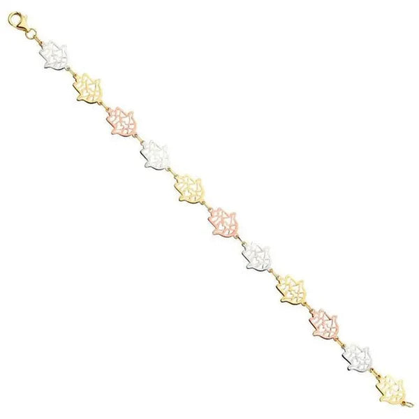 Precious Stars AB-0686 7.5 in. 14K Tri-Tone Hamsa Hand of Fatima Bracelet