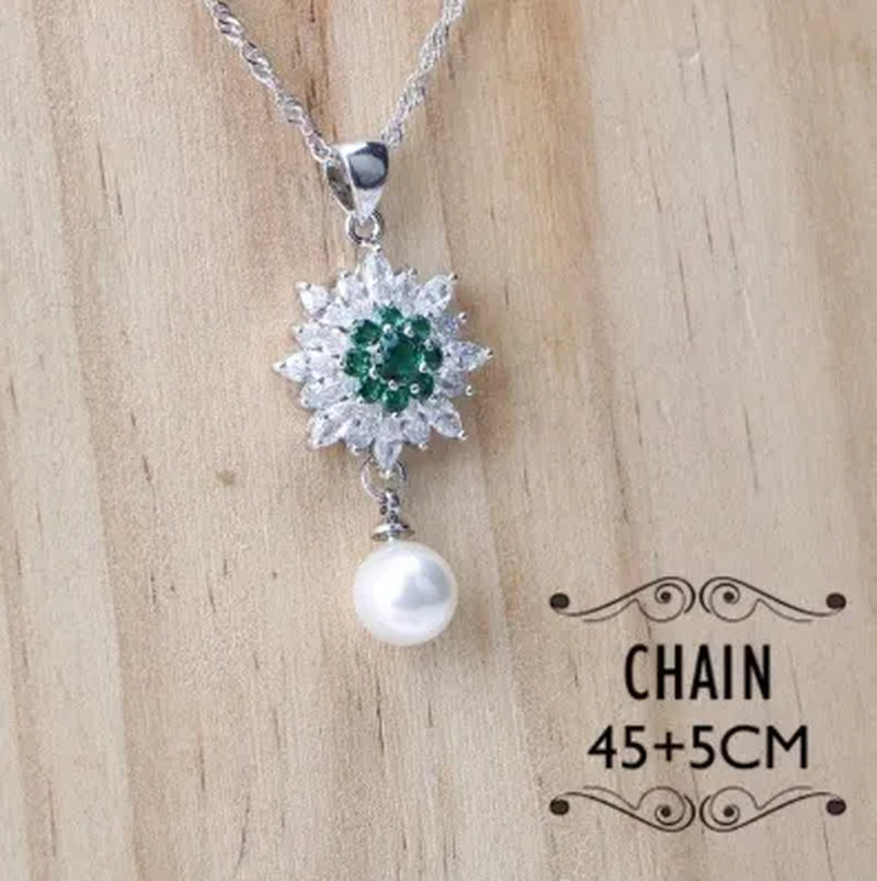 Elegant Lady Ring Earrings Bracelet Necklace 925 Silver Jewelry Set Exquisite Flower Shaped Green Gem White Diamond Pearl Party Jewelry Wedding Engagement Set Jewelry Anniversary Gift Ring Size 5-11