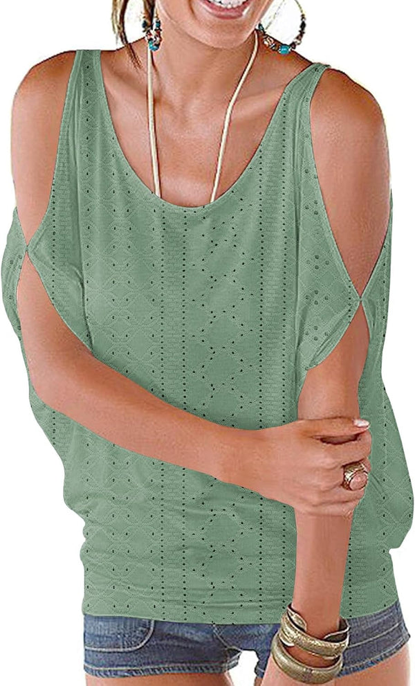 Women Cold Shoulder O-Neck Short Sleeve Loose Fit Summer Shirt Blouse Tops