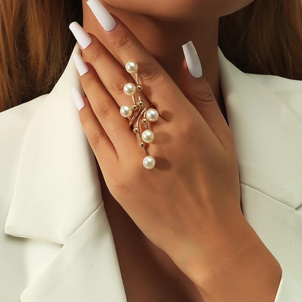 Gold Pearl Rings for Women Chunky Promise Ring Wrap Finger Rings Open Adjustable Stacking Ring Statement Party Prom Jewelry Gifts