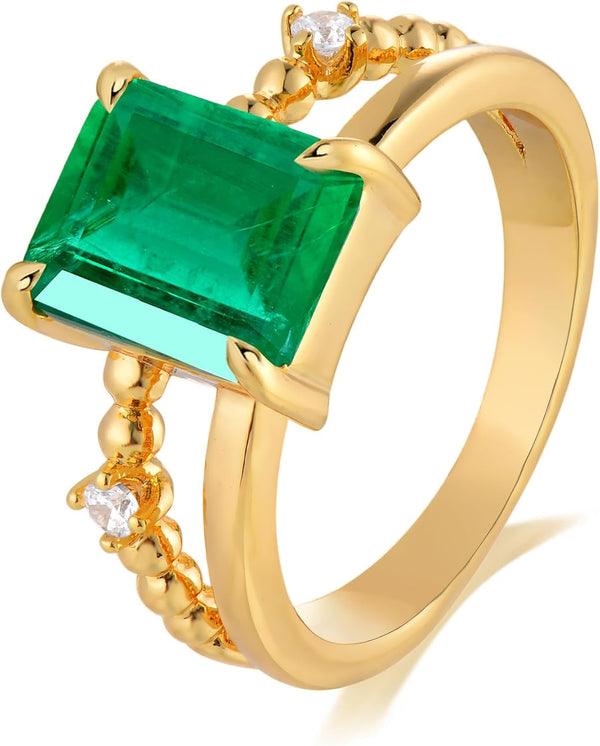 Gold Simulated Emerald Rings 14K Gold Plated Rings for Women Dainty Green Rings Stacking Ring Statement Ring Cut Simulated Emerald Gemstones CZ Gold Rings Band Size 6 to 8