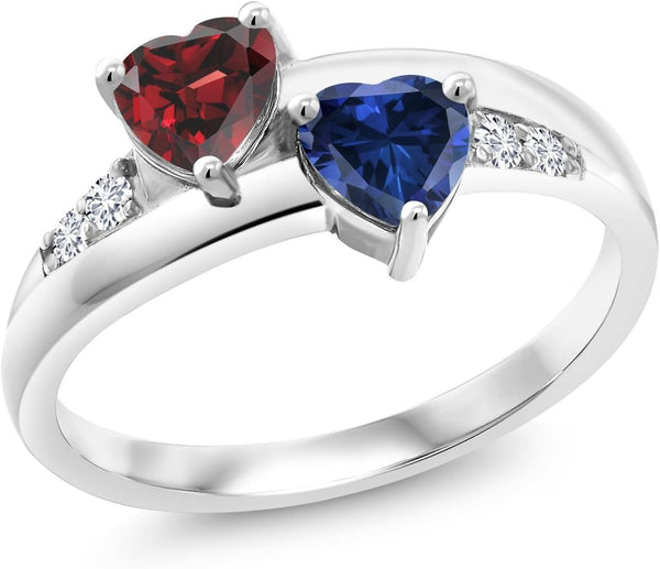 925 Sterling Silver Red Garnet and Blue Created Sapphire and Lab Grown Diamond Women Engagement Ring (1.24 Cttw. Heart Shape 5MM, Available in Size 5, 6, 7, 8, 9)