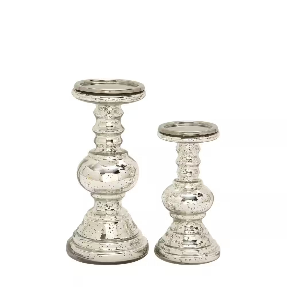 Silver Glass Handmade Turned Style Pillar Candle Holder (Set of 2)