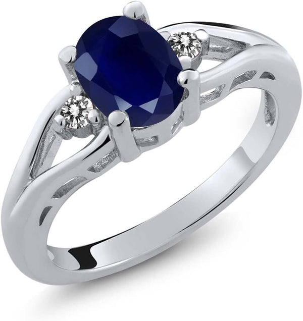 925 Sterling Silver Gemstone Birthstone and Diamond 3 Stone Engagement Ring for Women | Oval 8X6MM | round 2MM | Wedding Engagement Anniversary Promise Ring | Sizes 5-9