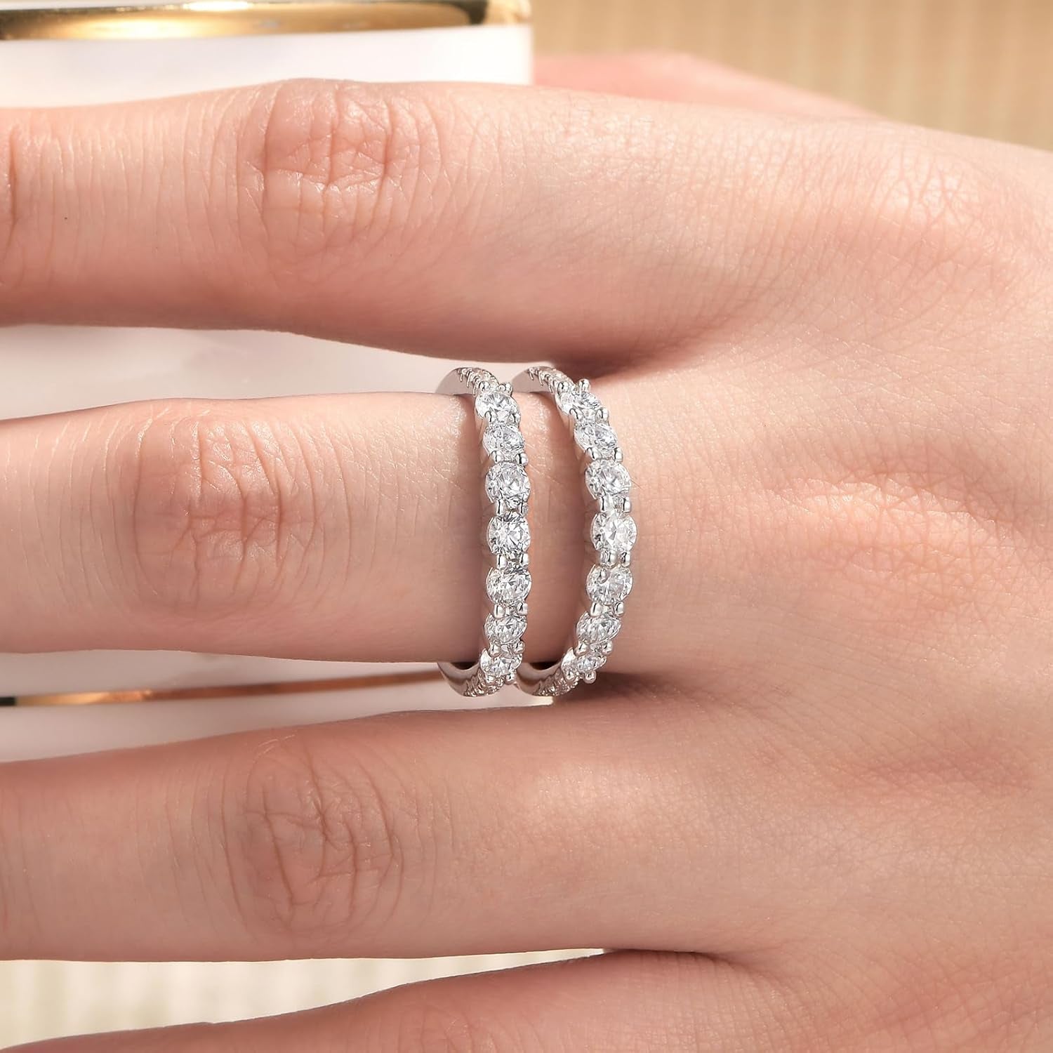Ring Enhancer for Engagement Rings Two Row Sterling Silver Wedding Bands for Women Stackable Cubic Zirconia
