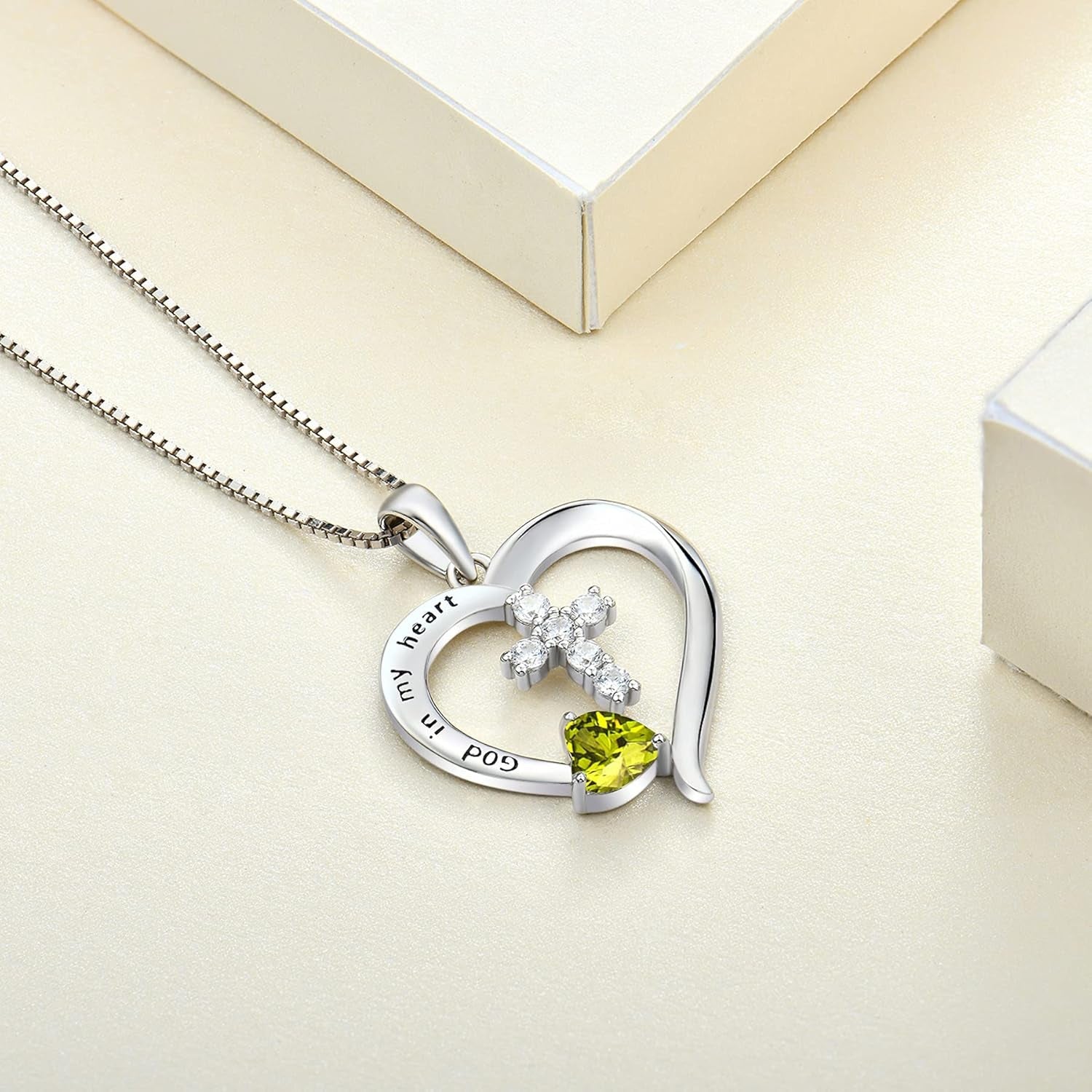 Women'S Heart Cross Necklace 925 Sterling Silver Birthstone Pendant God in My Heart Jewelry