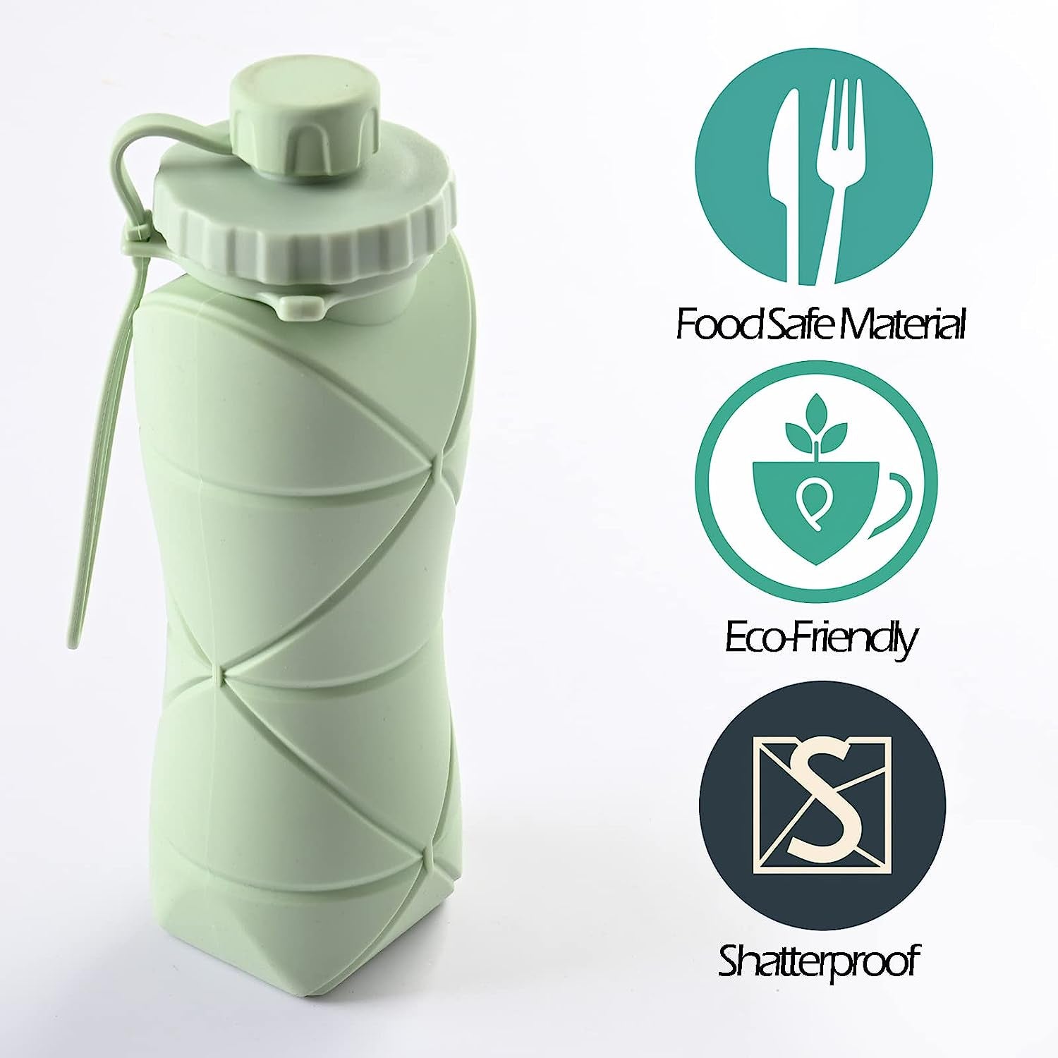 Collapsible Water Bottle, Silicone Foldable Water Bottles for Travel, Easy-To-Carry Design and Compact Size, BPA Free, 20 Oz (Green)