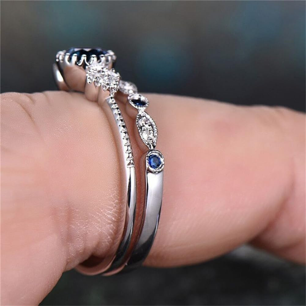 Fashion 2PCS 925 Sterling Silver Natural Sapphire Ring round Cut Cubic Zirconia Promise Rings CZ Classical Eternity Engagement Wedding Band Ring Set for Women (US Code 8)