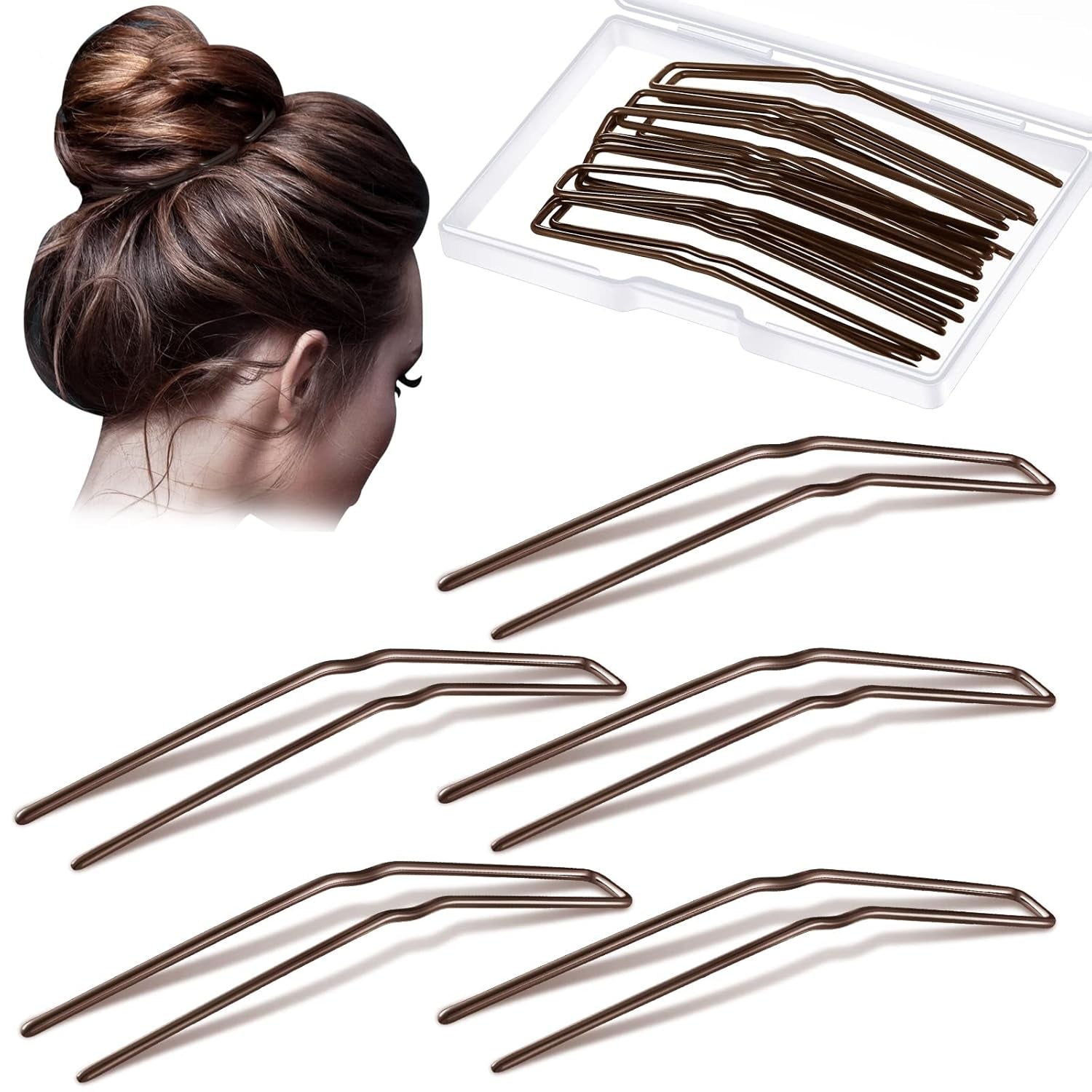 24 Pcs U Shaped Hair Pins, Ballet Bobby Pins for Updo with Storage Box, Metal U Bun Hair Forks for Women Girls, Thick, Thin, Long, Curly Hair(Brown, 3 Inch)