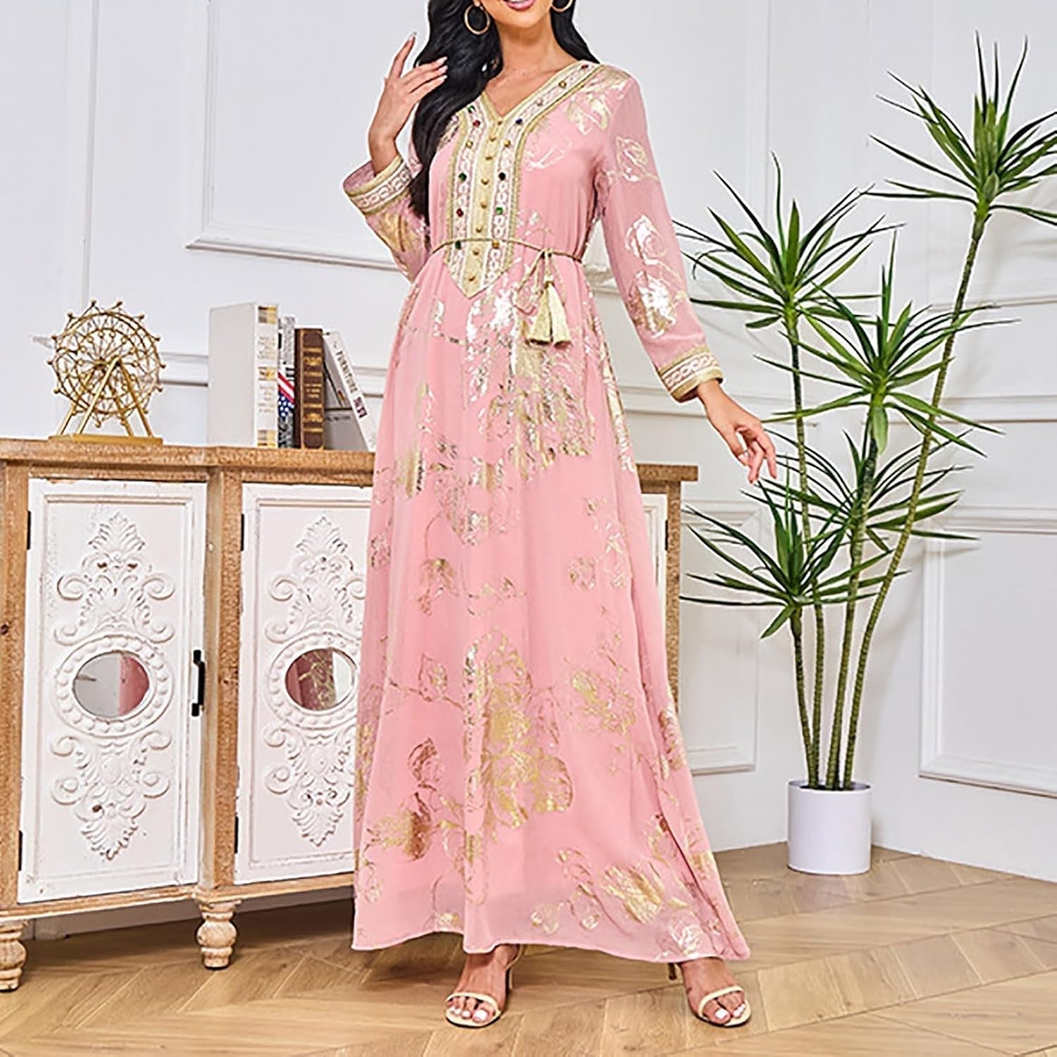 Women'S Chiffon Kaftan Abaya Dress Muslim Long Sleeve Self Tie Flowy Maxi Dress Abaya Casual Dress Dubai Outfits