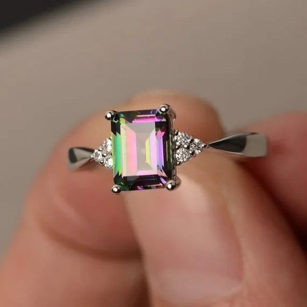 Exquisite Women'S 925 Sterling Silver Ring Princess Cut Mystic Rainbow Topaz Engagement Diamond Jewelry Christmas Birthday Proposal Gift Halloween Party Wedding Band Rings Size 6 - 10