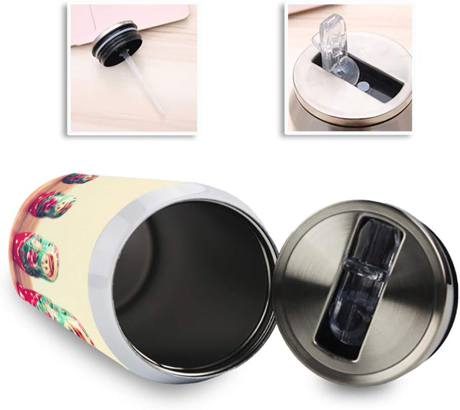Insulated Tumbler Mug, Matryoshka Russian Artist Stainless Steel Non-Spill Water Cup Bottle with Lid and Straw for Coffee Drinks, Travel, Office, 400Ml/7.3X2.8 Inch