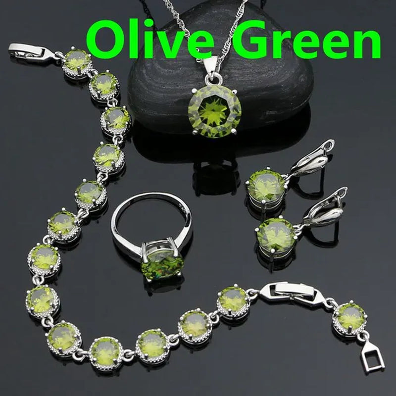 925 Sterling Silver Jewelry Set Olive Green Cubic Zirconia Retro Earrings Ring Pendant Necklace Bracelet 4Pcs for Bride