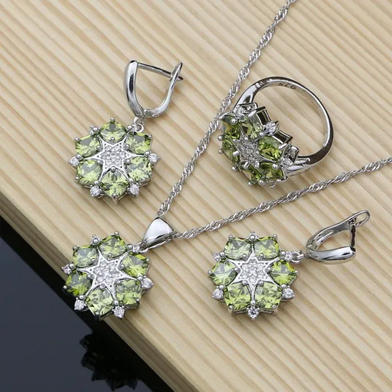 925 Sterling Silver Decoration Bridal Jewelry Olive Green Topaz Jewelry Sets for Women Fashion Earrings Turkish Jewelry