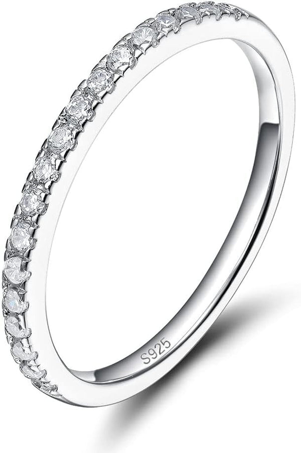 2Mm 925 Sterling Silver Wedding Band Cubic Zirconia Half Eternity Stackable Engagement Ring Size 3-13