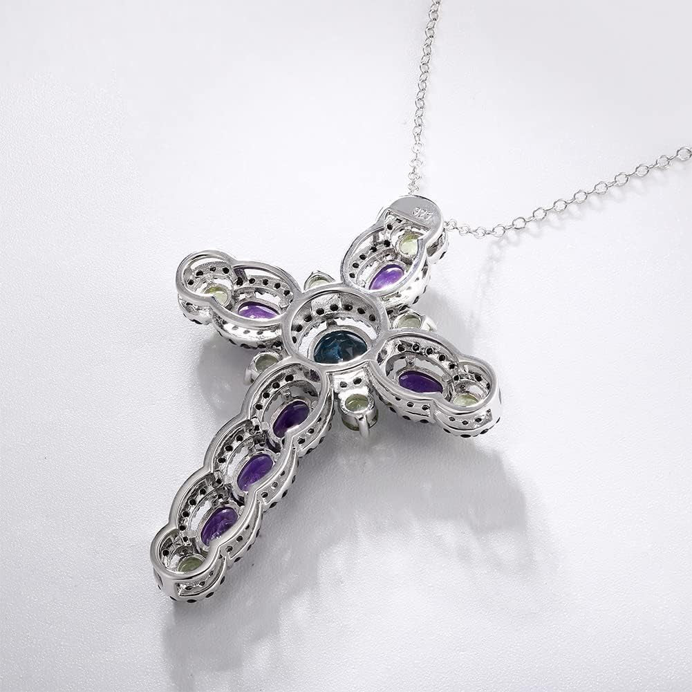 Women'S Stunning Colorful Diamond Cross Pendant Sterling Silver Chain Gemstone Cross Necklaces 18", Various Styles