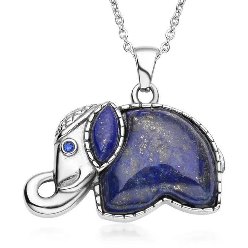 Lapis Lazuli Elephant Charm Pendant Chain Crystal Necklace In Stainless Steel Fashion Animal Women 20"