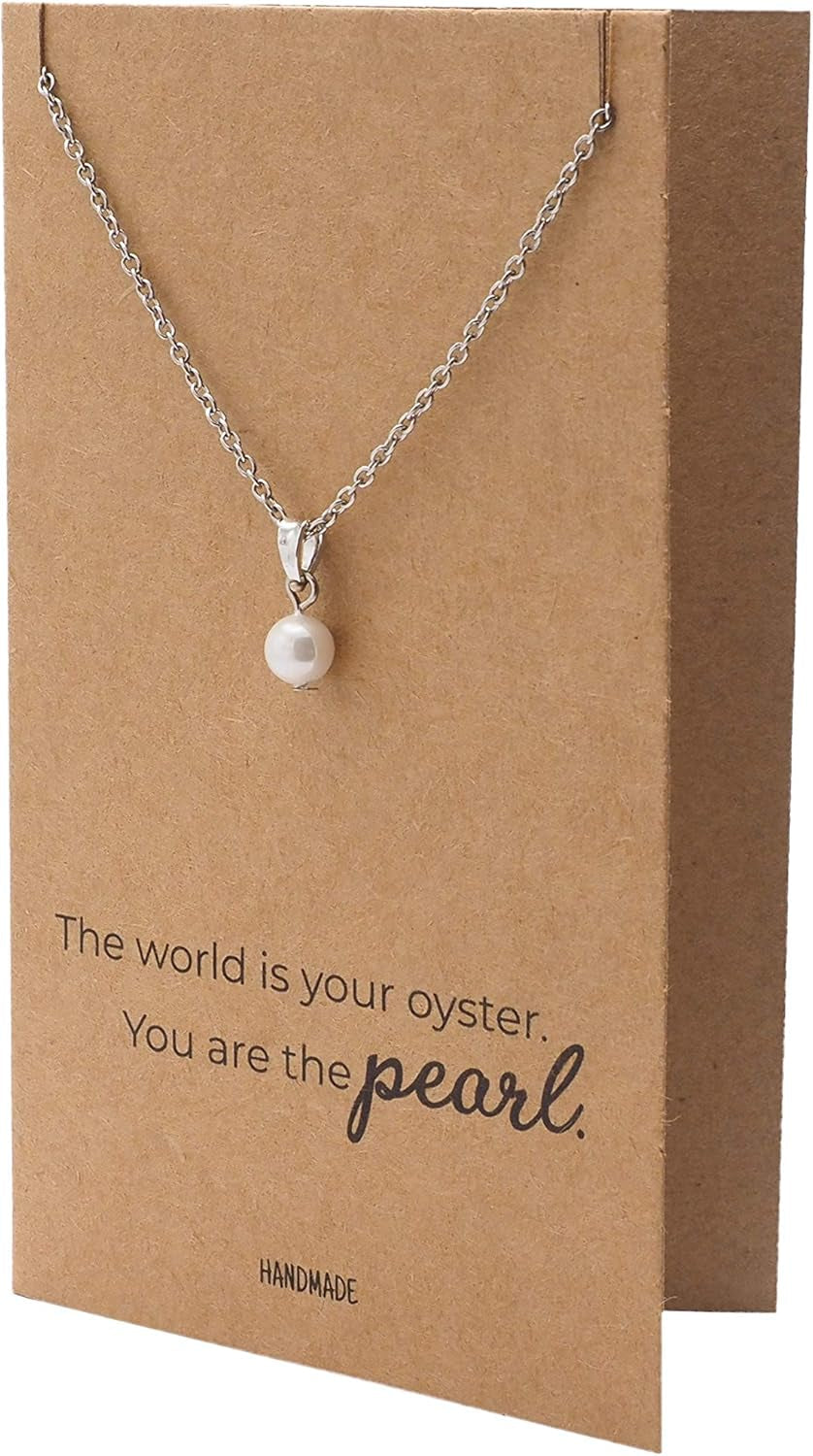 Pearl Pendant Necklace, Beach Themed Charm Mother'S Day Gifts with Inspirational Greeting Card, Stainless Steel Adjustable Chain 16" to 18"