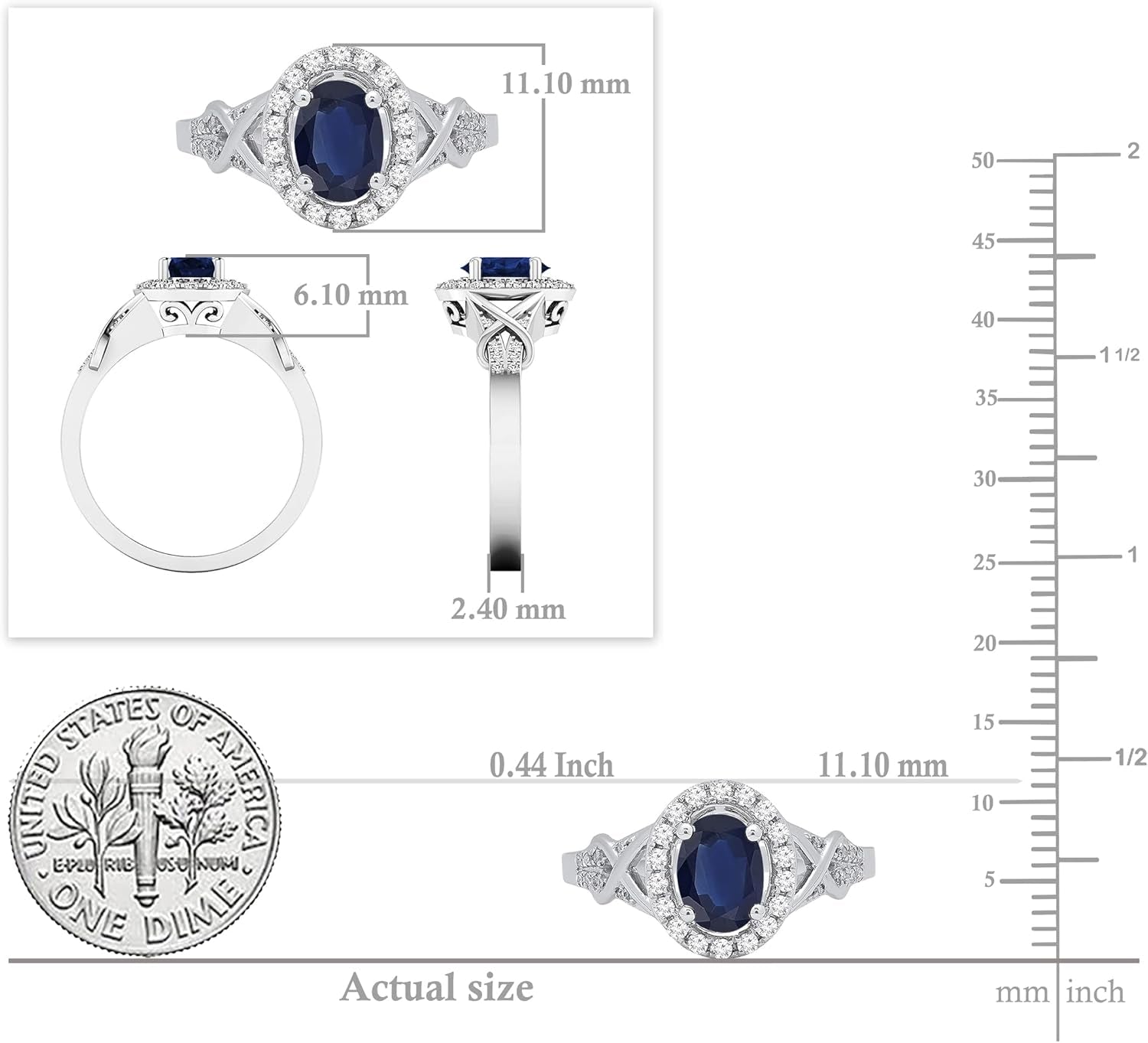 7X5Mm Oval Blue Sapphire & round White Diamond Split Shank Halo Engagement Ring for Women in 10K Solid Gold
