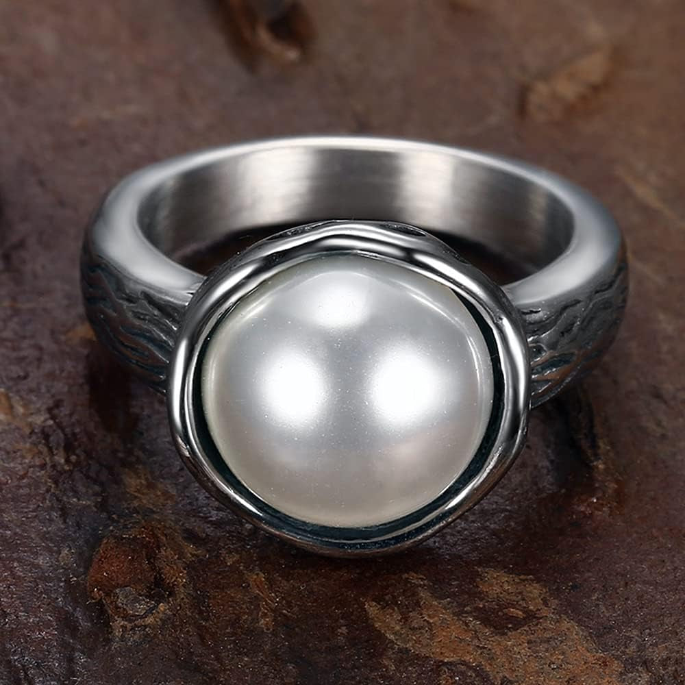 Stainless Steel Faux Pearl Solitaire Style Wedding Engagement Proposal Statement Anniversary Ring