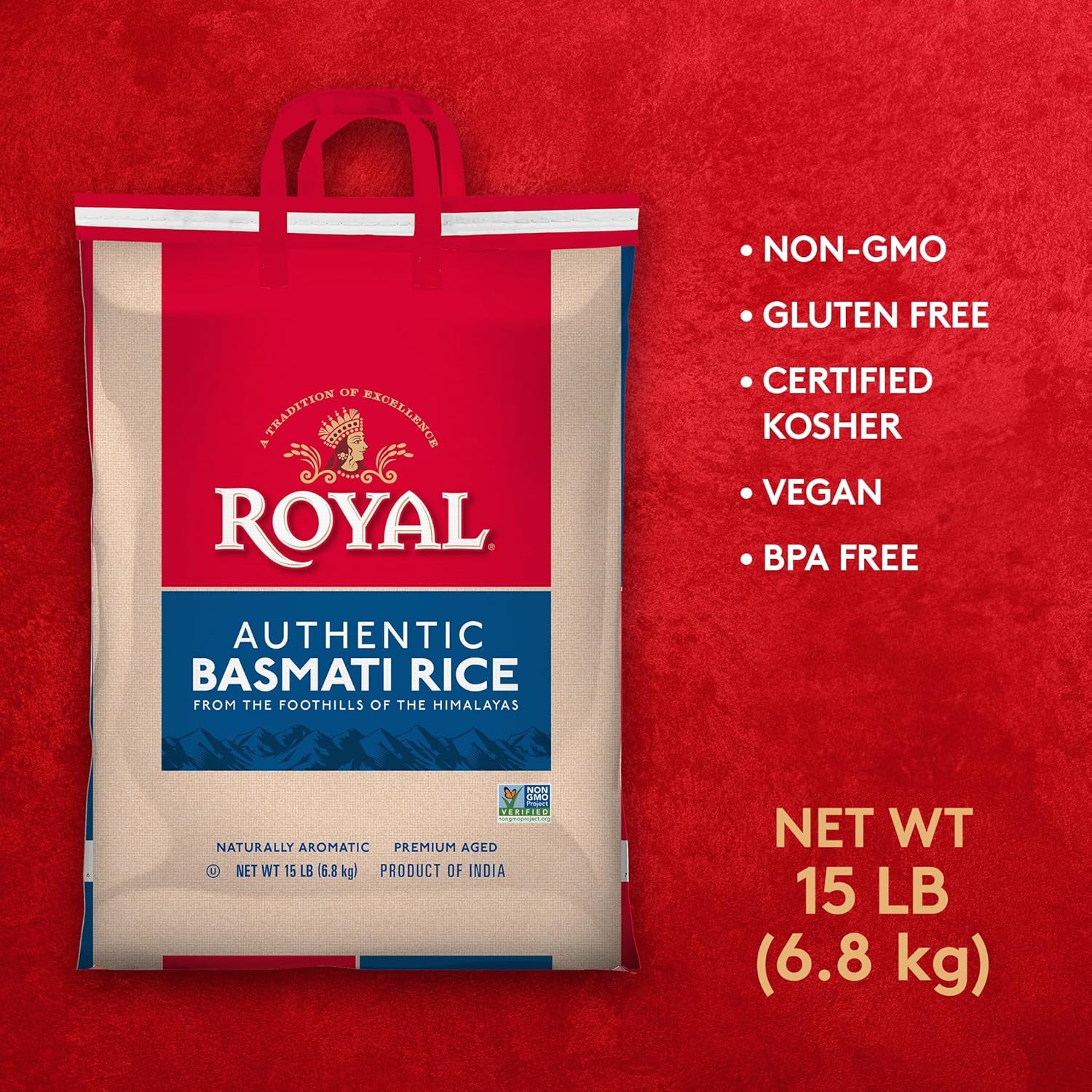 Authentic  - Naturally Aged Long Grain Indian White Basmati Rice - 15 Lbs