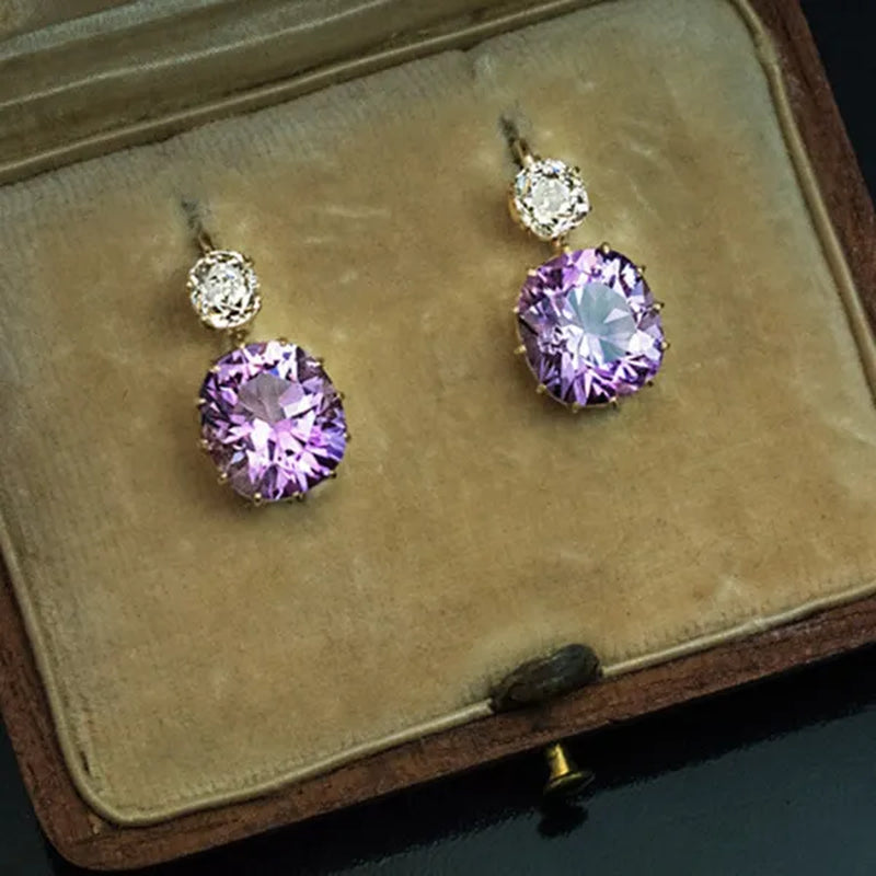 Women Charming Round Cut Amethyst Crystal Dangle Earrings Female Party Wedding Engagement Anniversary Gift Jewelry