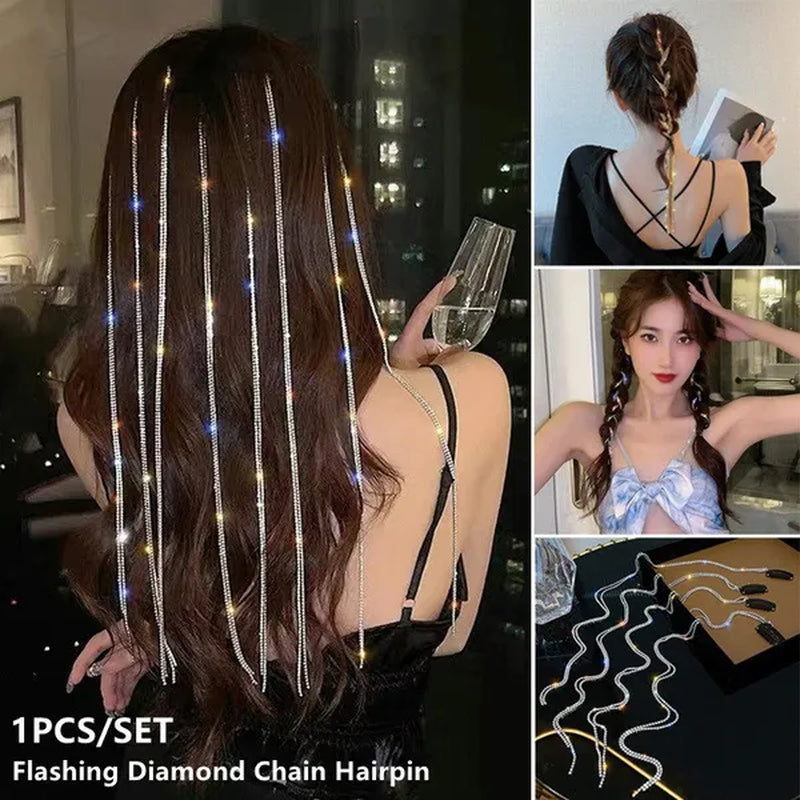 Fashion Flashing Diamond Chain Hairpin Tassel Braided Hair Hairpin for Women Girls