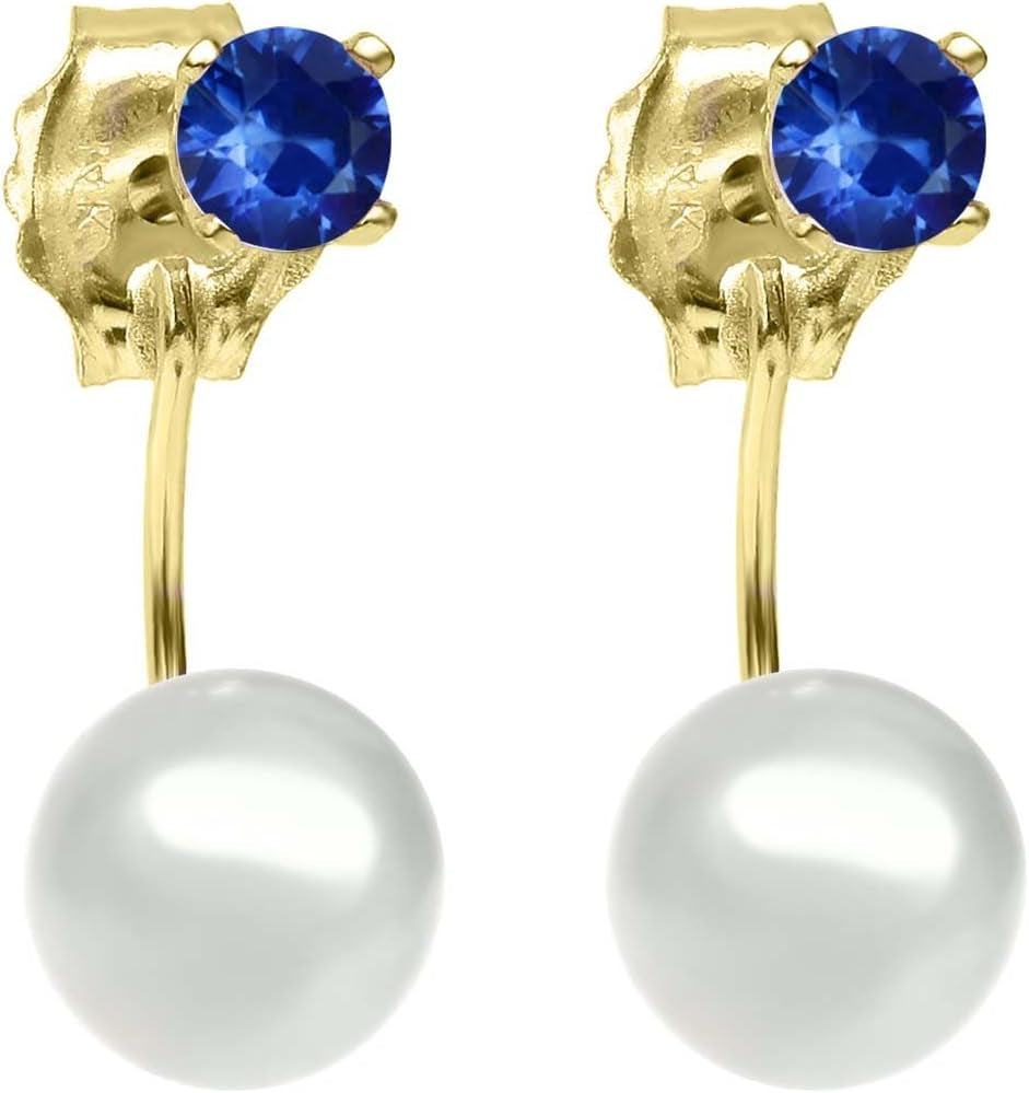 0.26 Ct round 3Mm Blue Sapphire 14K Yellow Gold Stud Earrings with Cultured Freshwater Pearls
