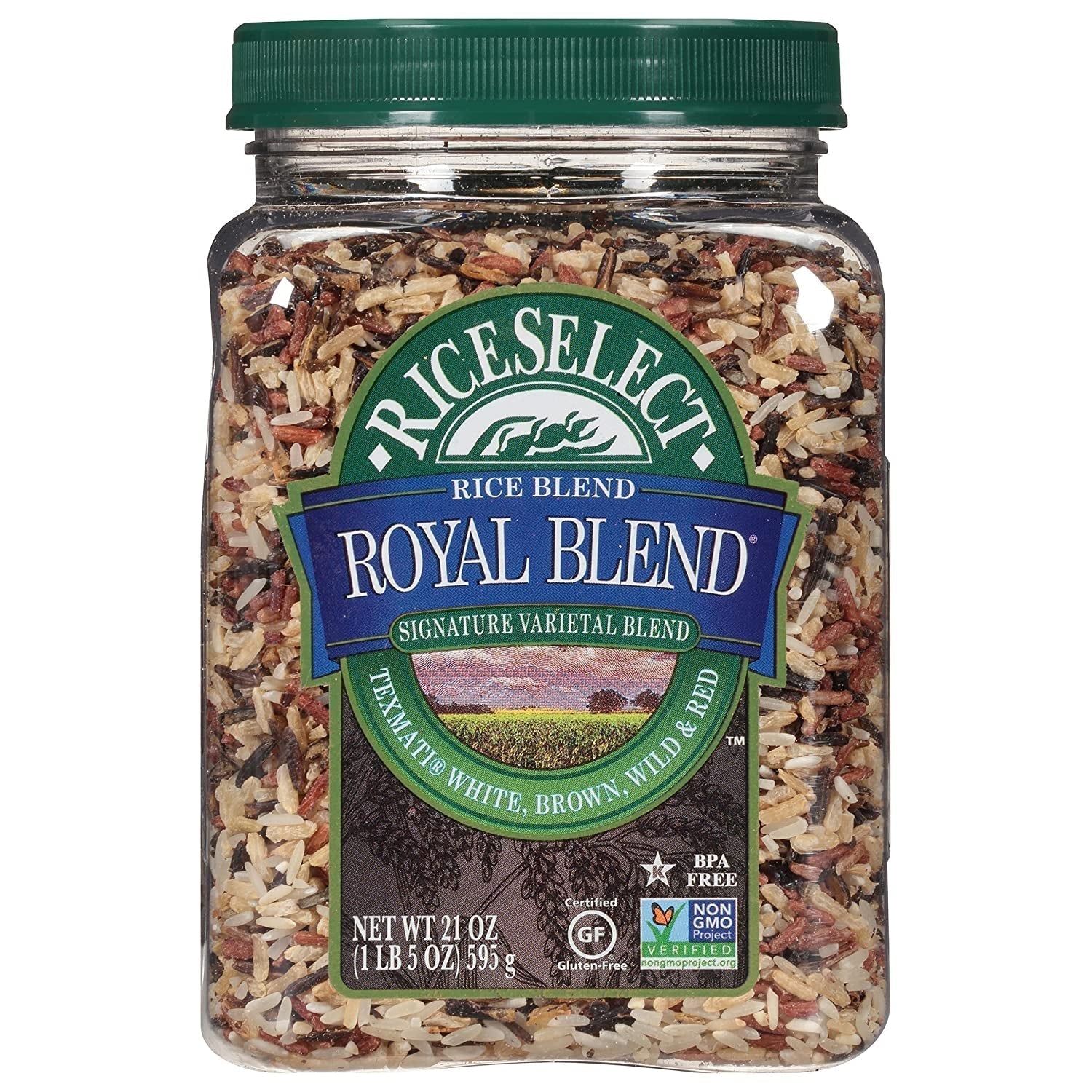 Royal Blend, Blend of Texmati White, Brown, Red, and Wild Rice, Premium Gluten Free Rice, Non-Gmo, 21 Ounce Jar