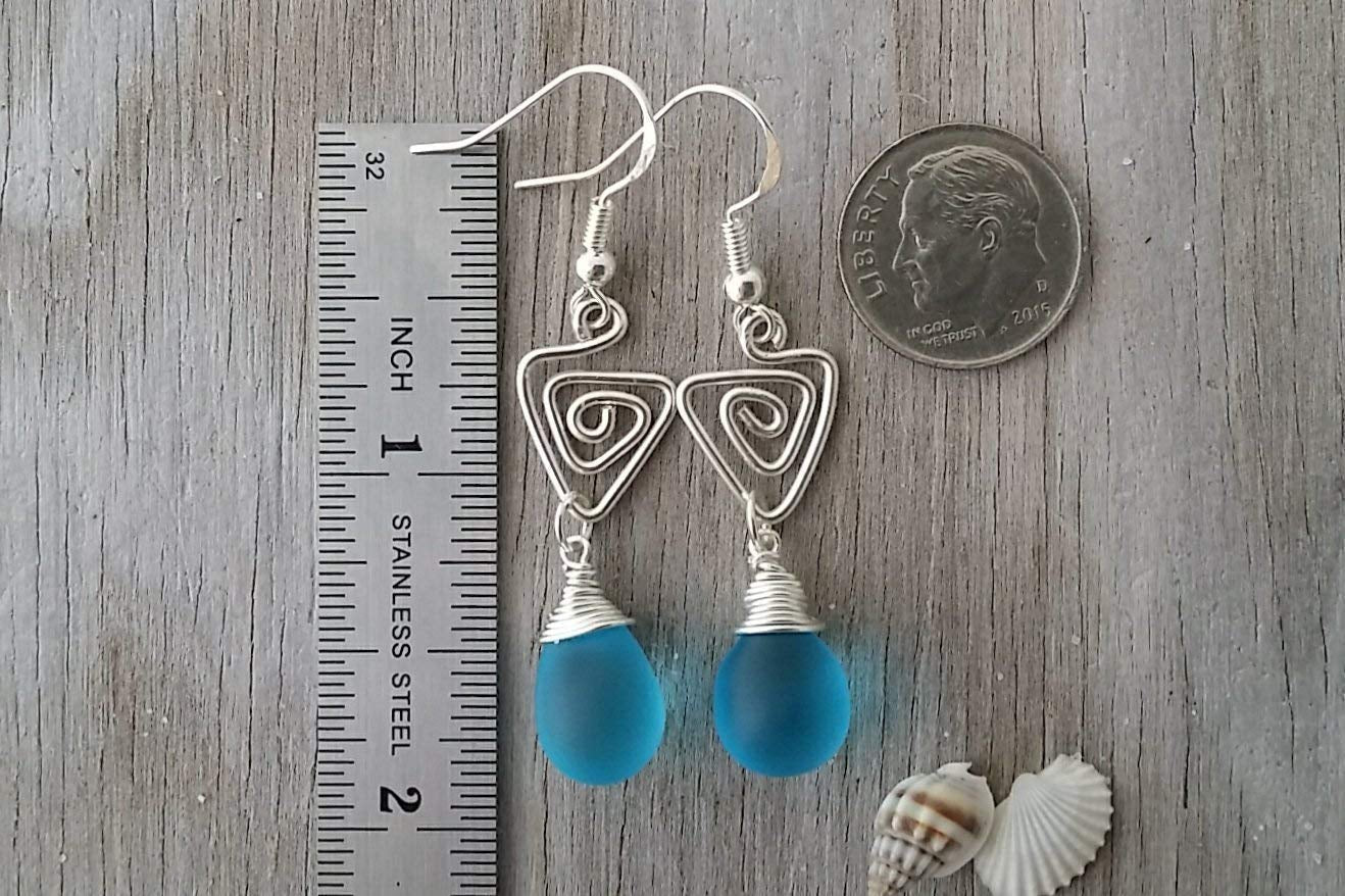 Handmade Sea Glass Earrings, Hawaiian Jewelry, Wire Turquoise Earrings Blue Earrings Teardrop Earrings, Sea Glass Jewelry for Women Birthday Gift for Her (December Birthstone Jewerly)