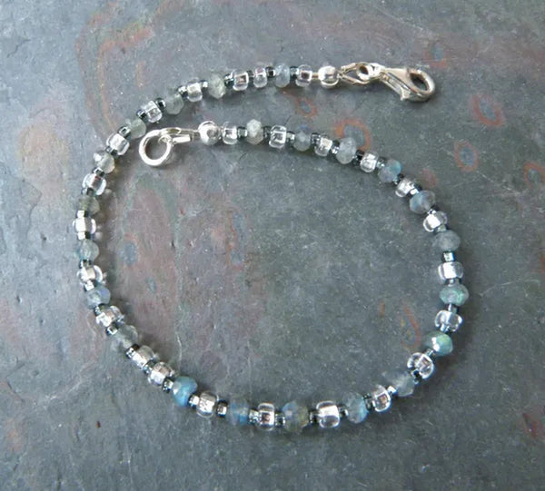Flashy Labradorite Gemstone Bracelet W Silver Lined Beads & Sterling Silver Clasp; Skinny Stackable Boho Bracelet
