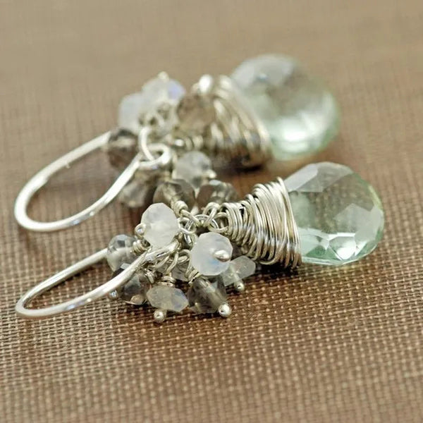 Sterling Silver Gemstone Cluster Earrings, Green Amethyst Moonstone Smoky Quartz, Handmade Earrings,