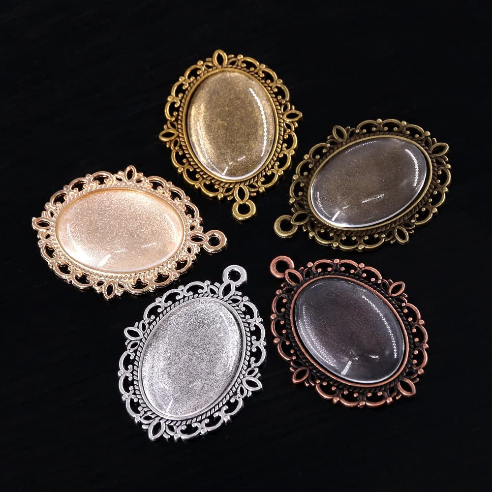 70Pcs Oval Pendant Set, 35Pcs 5 Colors Pendant Trays and 35 Pieces Bright Glass Cabochon Dome Tiles for Bracelet Necklace Crafting DIY Jewelry Gift Making