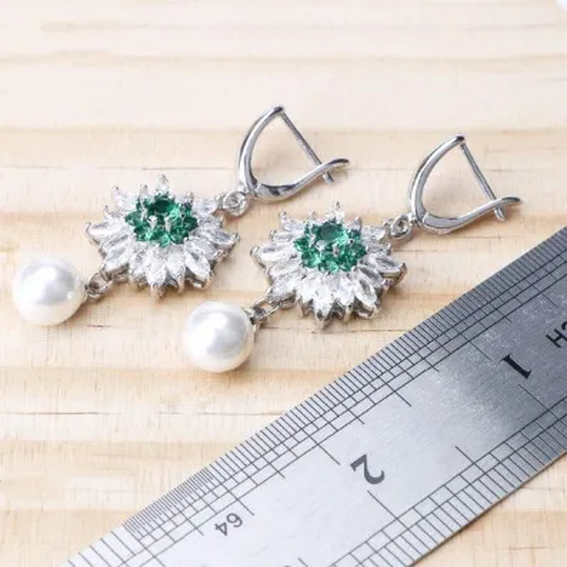 Elegant Lady Ring Earrings Bracelet Necklace 925 Silver Jewelry Set Exquisite Flower Shaped Green Gem White Diamond Pearl Party Jewelry Wedding Engagement Set Jewelry Anniversary Gift Ring Size 5-11