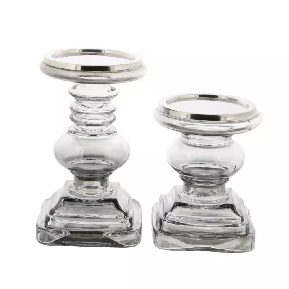 Silver Glass Handmade Turned Style Pillar Candle Holder (Set of 2)