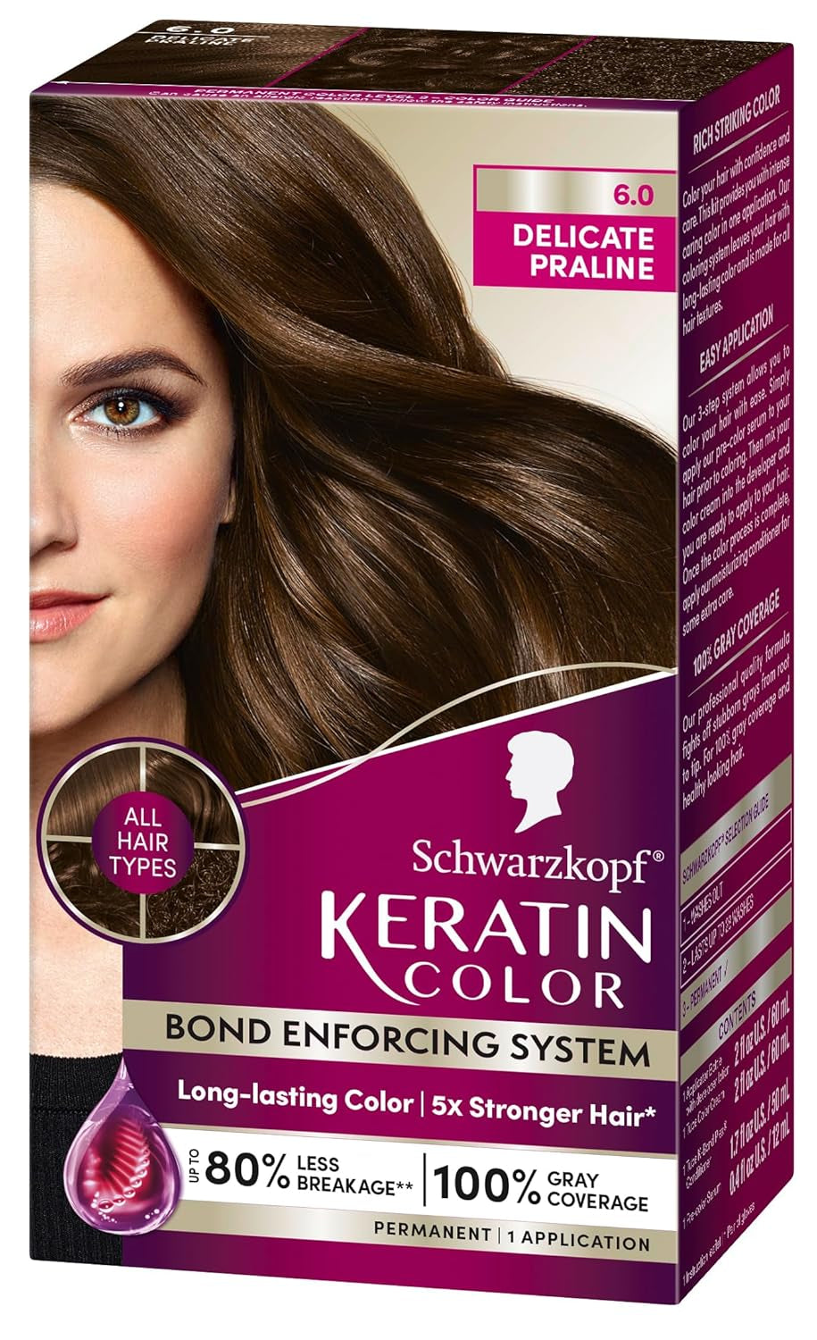 Keratin Permanent Hair Color, 6.0 Delicate Praline, 1 Application - Professionally Inspired Permanent Hair Dye, for up to 80% Less Breakage Vs Untreated Hair and up to 100% Gray Coverage